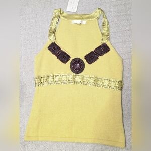 Yellow V-Neck Sleeveless Sweater with Beaded Details Size X-Small